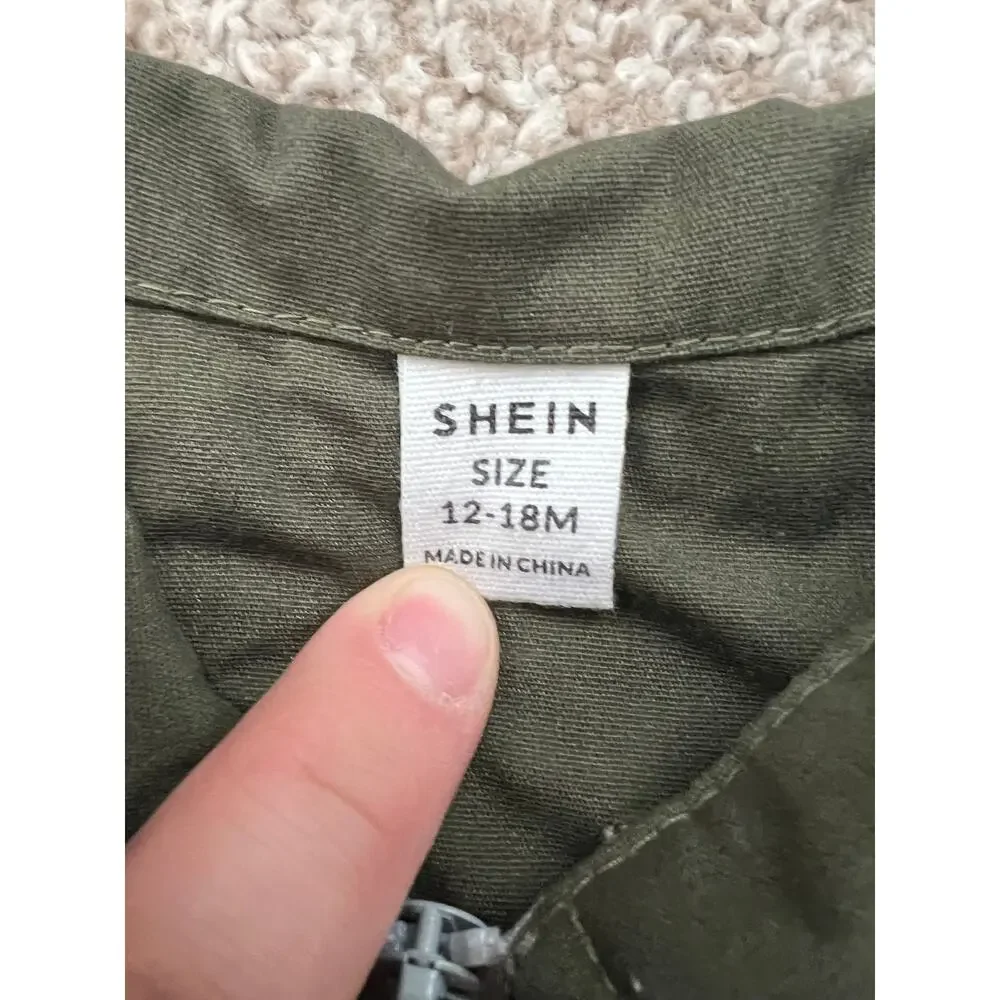SHEIN Baby Utility Romper Olive Green Zip Front Cargo One‎ Piece 12-18M